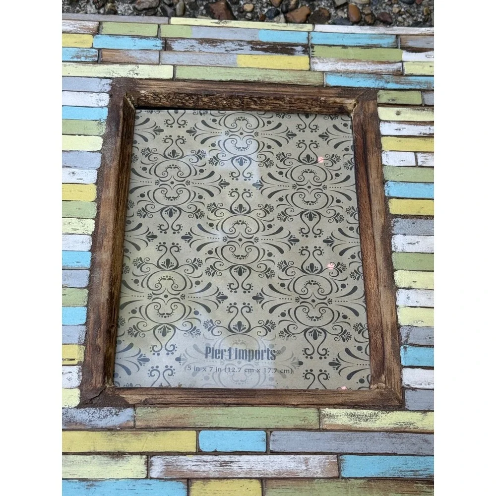 Pier 1 Imports 5x7 Wood Picture Frame Rustic Mosaic Distressed Blue Yellow White